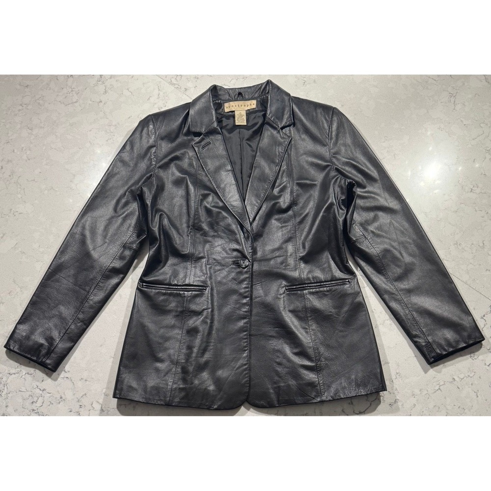 VTG 90s Apostrophe Genuine Leather Blazer Jacket Womens 10 Black Single Button